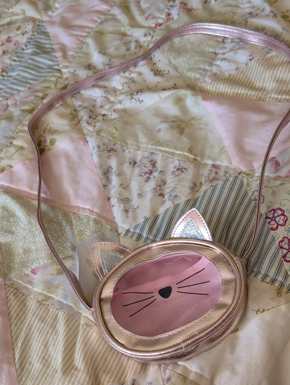 Girls Metallic Pink Cat Face Crossbody Purse